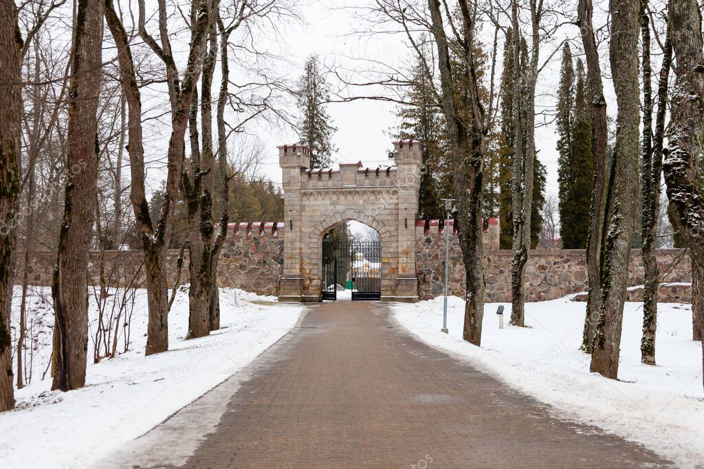 Gateway to New Sigulda Castle.  Sigulda is a town in Latvia and the New Castle was built in 1878.z