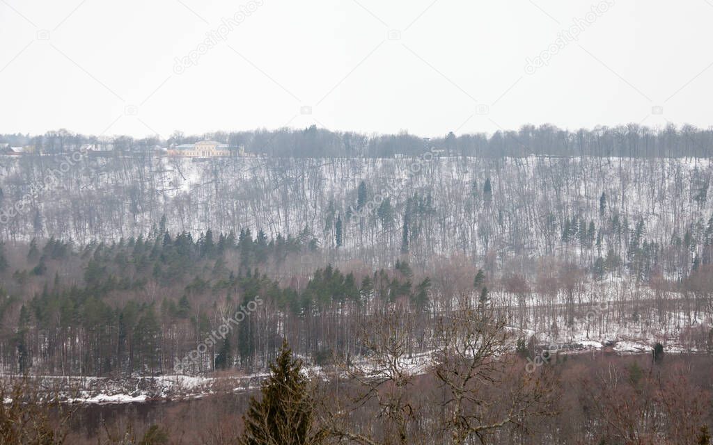 A winter view across the Gauja River Valley in Sigulda, Latvia.  Sigulda is a part of the Gauja National Park.