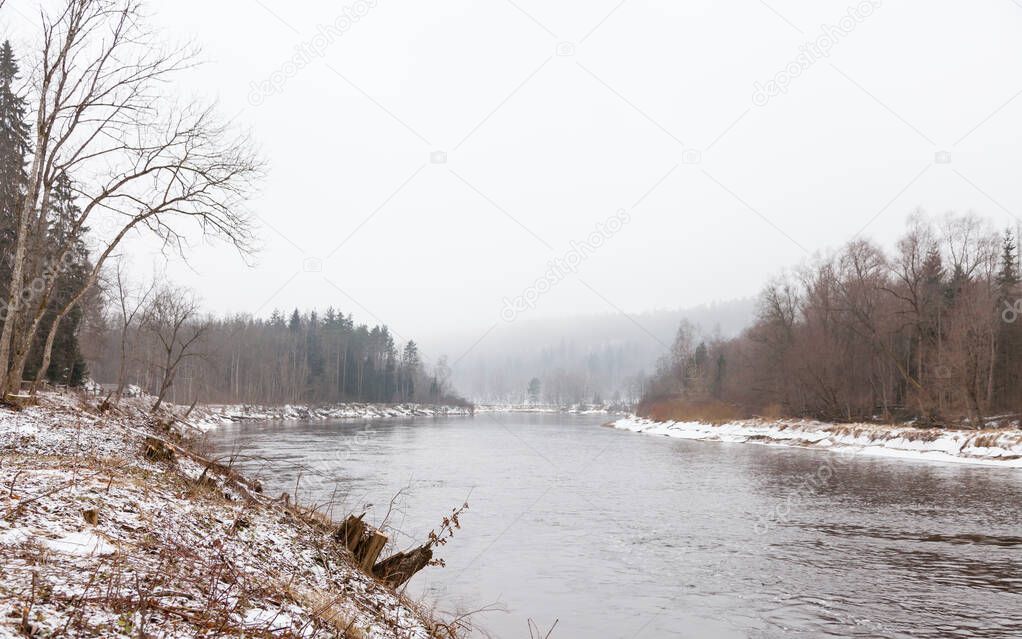 Gauja River.  A winter view of the Gauja River near Sigulda, Latvia.  Sigulda is a part of the Gauja National Park.
