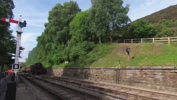 Tren Vapor Llegar Estación Goathland Estación Está North Yorkshire Moors — Vídeo de stock