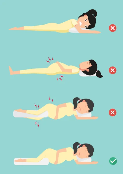 Las mejores y peores posiciones para dormir mujeres embarazadas, illustrati — Vector de stock