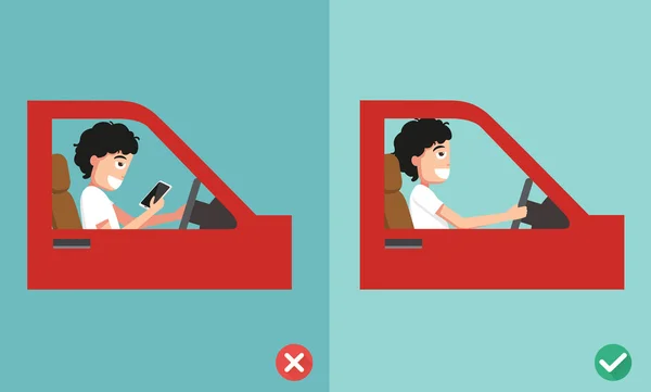 No texting ,No talking, Right and wrong ways riding to prevent c — Stock Illustration No texting ,No talking, Right and wrong ways riding to prevent c Vector Graphics