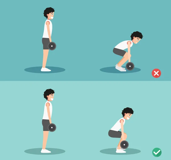 Masculino errado e direito deadlift postura, ilustração — Vetor de Stock