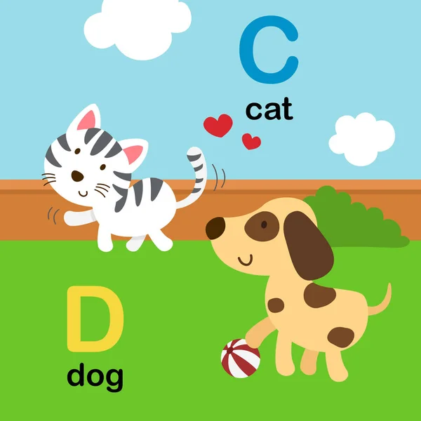 Alphabet Lettre C-cat, D-dog, illustration — Image vectorielle