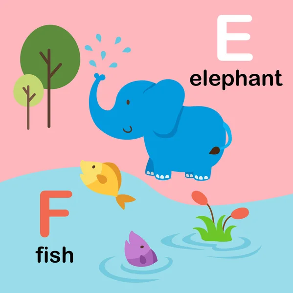 Letra del alfabeto F-fish, E-elephant, illustration — Vector de stock