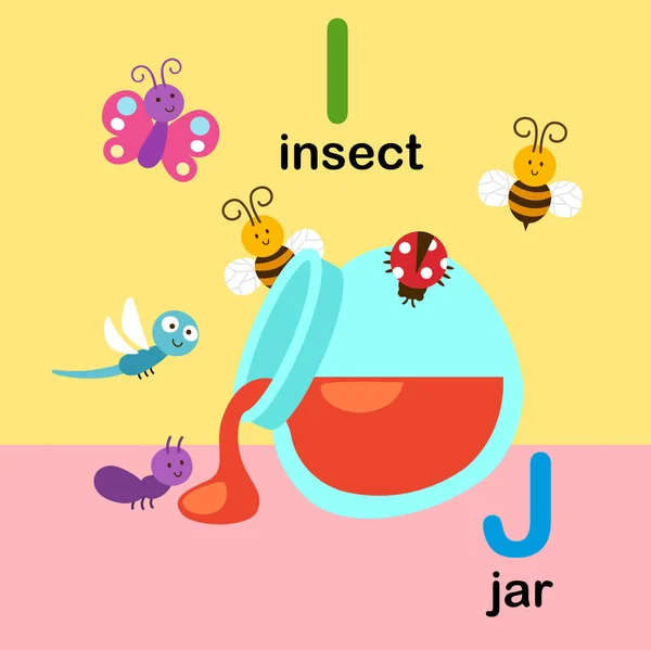 Alphabet Lettre I-insecte, J-pot, illustration — Image vectorielle