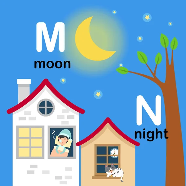 Letra del alfabeto M-moon, N-night, ilustración — Vector de stock