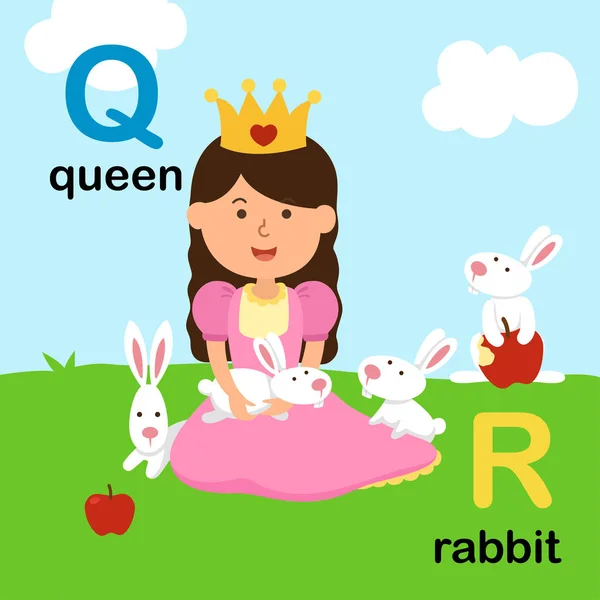 Alfabeto Lettera Q-queen, R-Rabbit, illustrazione — Vettoriale Stock