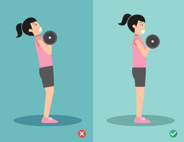 Kadın yanlış ve doğru halter curl duruş, vektör çizim