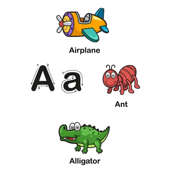 Αλφάβητο γράμμα A-αεροπλάνο, μυρμήγκι, εικονογράφηση αλιγάτορα — Διανυσματικό Αρχείο