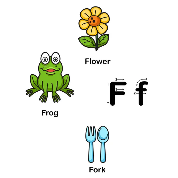 Alfabeto Lettera F-fiore, rana, forchetta vettoriale illustrazione — Vettoriale Stock