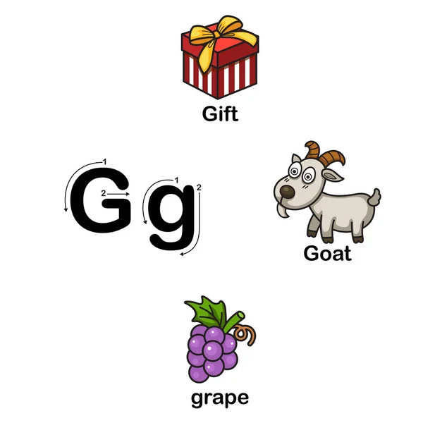 Letra del alfabeto G-regalo, cabra, ilustración de la uva — Vector de stock