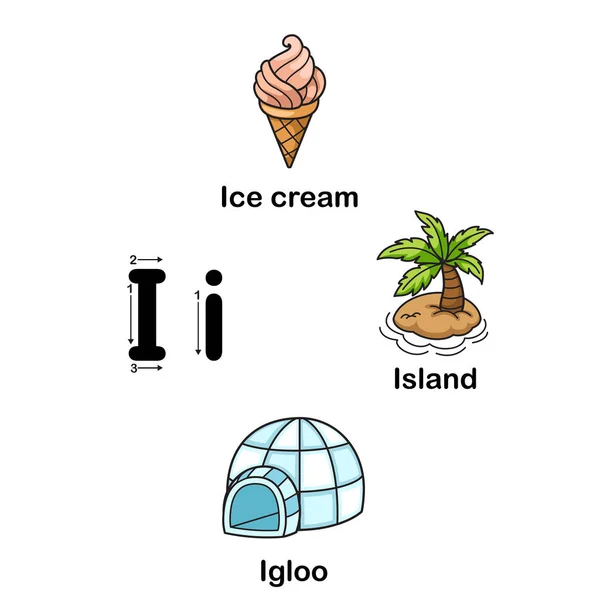 Alfabeto Lettera I-gelato, isola, igloo illustrazione — Vettoriale Stock