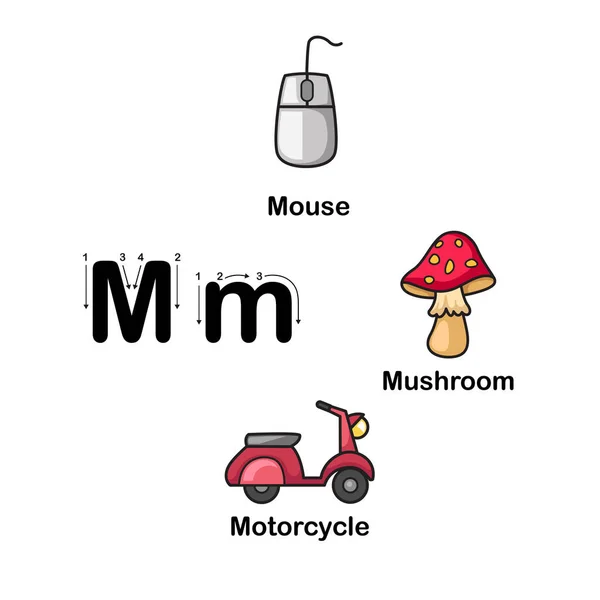 Alfabet Letter M-muis, paddestoel, motorfiets vectorillustratie — Stockvector