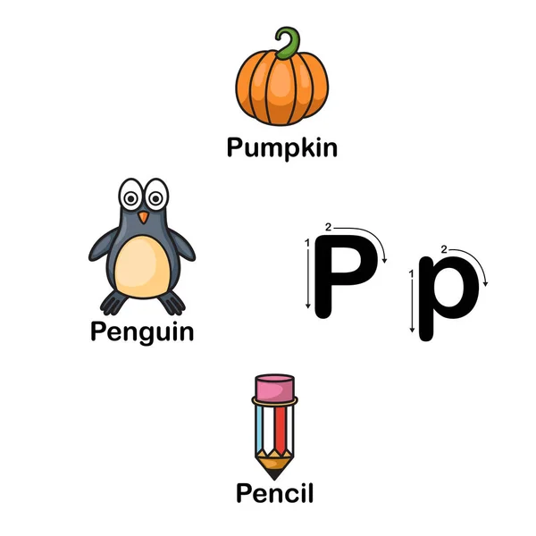 Αλφάβητο γράμμα P-κολοκύθα, πιγκουίνος, μολύβι εικονογράφηση — Διανυσματικό Αρχείο