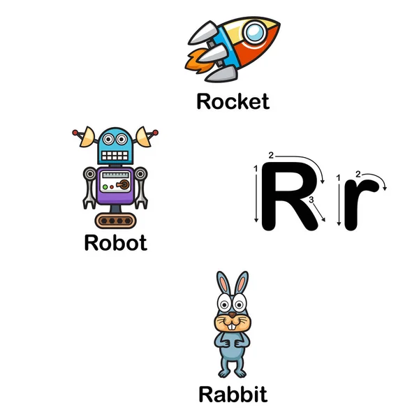 Alphabet Letter R-rocket,robot,rabbit  illustration — Stock Vector