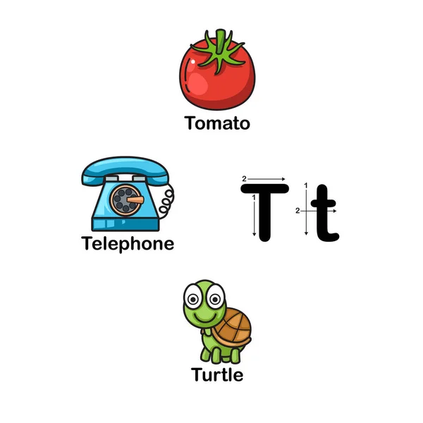 Letra del alfabeto T-tomate, teléfono, ilustración de tortuga — Vector de stock