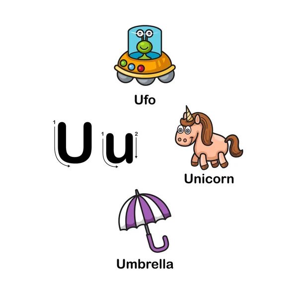 Alfabet Huruf U-ufo, unicorn, payung vektor ilustrasi - Stok Vektor