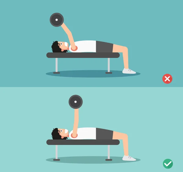 Man verkeerd en juiste barbell pers houding, vector illustrati gebogen — Stockvector