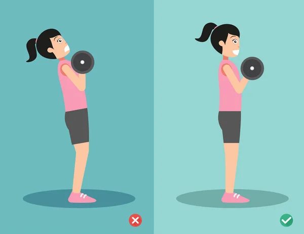 Woman wrong and right dumbbell curl posture,vector illustration — Stock Vector