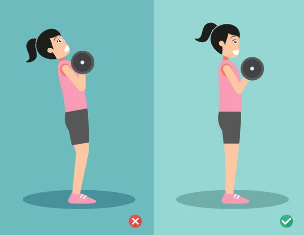 Vrouw verkeerd en juiste dumbbell krullen houding, vectorillustratie — Stockvector