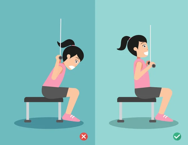 Vrouw verkeerd en juiste lat pulldown houding, vectorillustratie — Stockvector