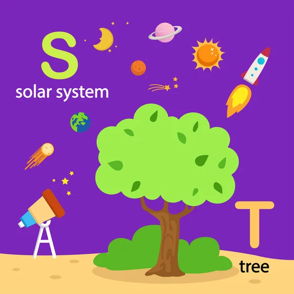 イラスト分離アルファベット S ソーラー システム、T 木 — ストックベクタ