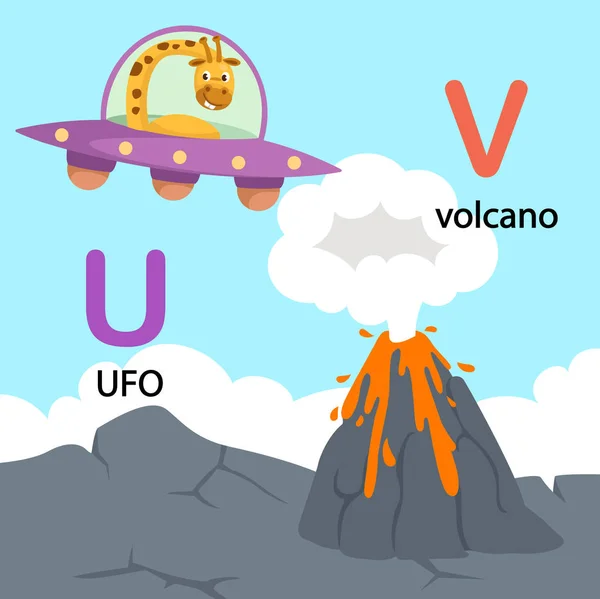 Illustration Isolated Alphabet Letter U-ufo,V-volcano — Stock Vector