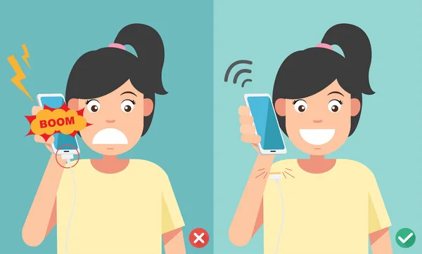 Verkeerd en goede manieren. Doen niet telefoongesprek in het opladen van de accu illus — Stockvector