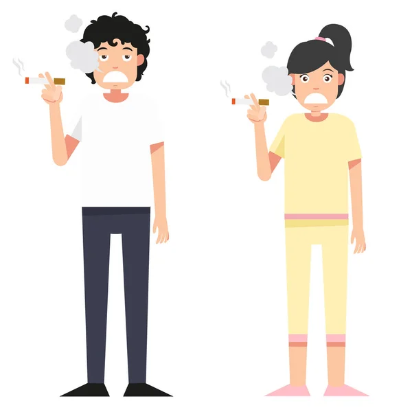 Ilustración aislado mujer y hombre fumando un cigarrillo en blanco — Vector de stock