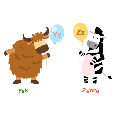 Alfabe harf Y-yak, Z-zebra illüstrasyon izole