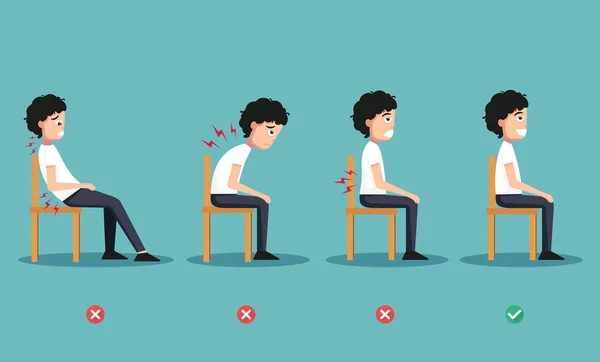 Posições erradas e certas das maneiras para sentar-se, ilustração — Vetor de Stock