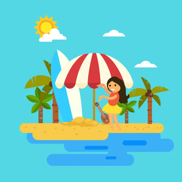 Hallo Sommer, Frau tanzt am Strand Illustration — Stockvektor