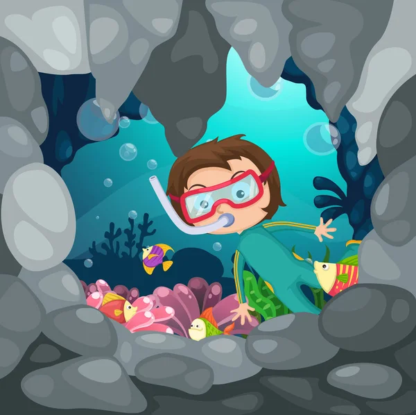 Illustration de garçon plongée sous-marine — Image vectorielle