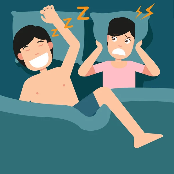 Hombre roncando y mujer no puede dormir, Problemas para dormir, Insalubre — Vector de stock