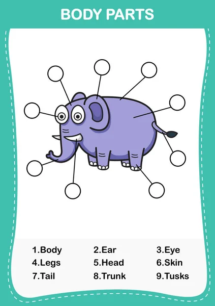 Illustration of elephant vocabulary part of body,Write the corre — Stock Vector
