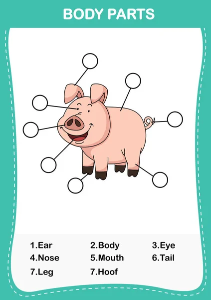 Illustration des Schweinevokabulars Körperteil, schreiben Sie die korrekte nu — Stockvektor