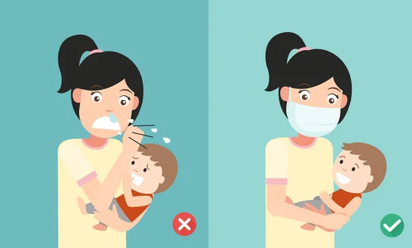 Right and Wrong ways to protect the baby from the flu when sneez — Stock Vector