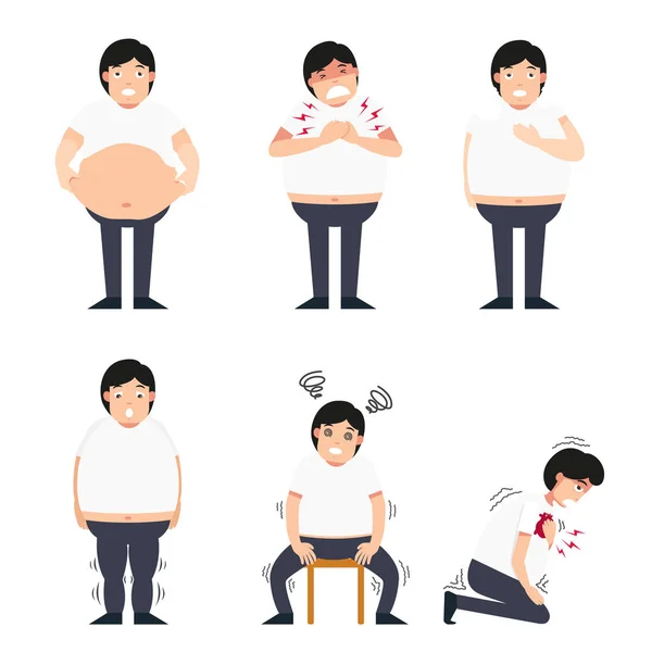 Illustration of fat man with various diseases — Stock Vector