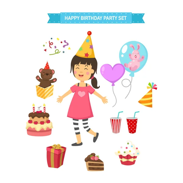 Felice compleanno partito bambini set vettoriale illustrazione — Vettoriale Stock