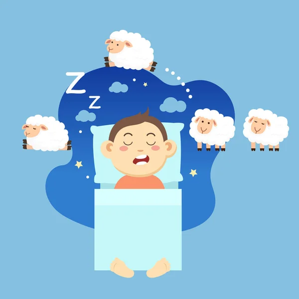 Αγόρι στον ύπνο, Μετρώντας πρόβατα να πέσει κοιμισμένος εικονογράφηση. — Διανυσματικό Αρχείο