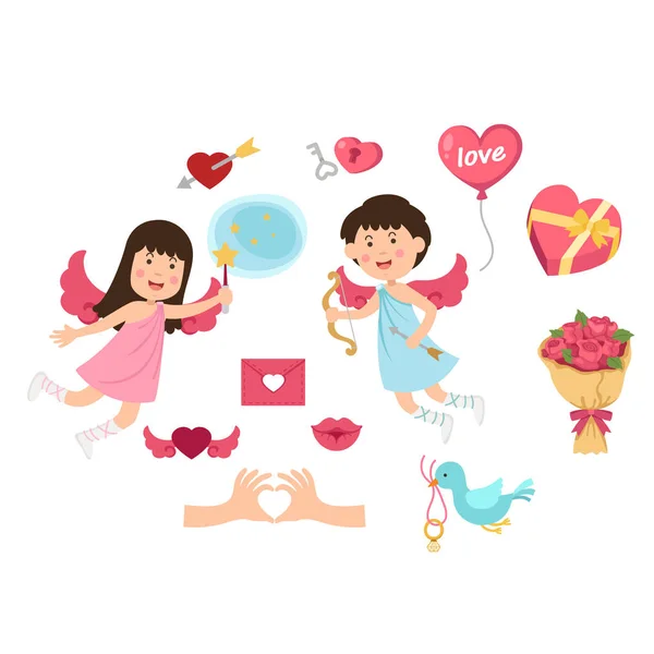 Cupido, conjunto dos namorados, ilustração . — Vetor de Stock