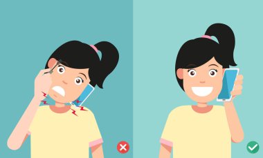 Akıllı telefon illustra ile konuşmak için yanlış ve doğru pozisyonlar