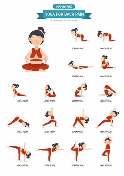 Yoga pour les maux de dos infographie, illustration . — Image vectorielle