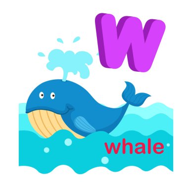 Alfabe harf W Whale.vector illüstrasyon izole