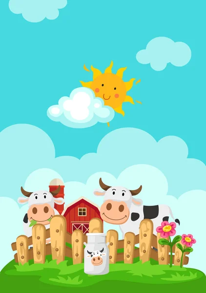 Illustration of landscape with cows and farm background — Stock Vector