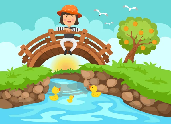 Illustration of a girl sitting on wooden bridge in nature landsc — Stock Vector