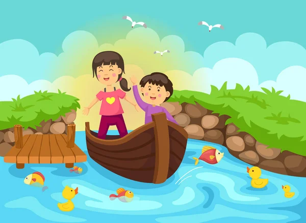 Ilustración de un niño y una niña navegando en un barco — Vector de stock