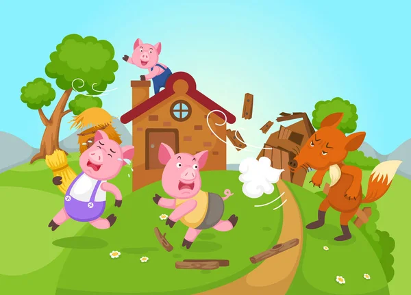 Illustration des isolierten Märchens drei kleine Schweine Vektor — Stockvektor