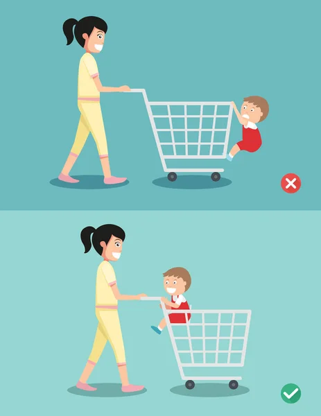 Danger and safety for kid sit in the shopping cart,vector illust — Stock Vector